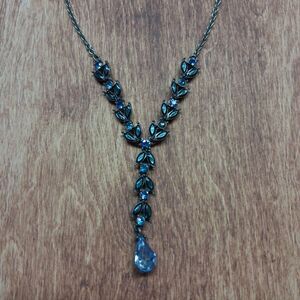 AVON Nina Ricci Y-drop Necklace Earring Set Blue Rhinestones Silver Tone Vintage